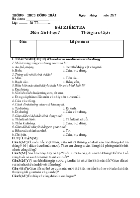 Bài kiểm tra môn sinh học 7 thời gian 45 phút